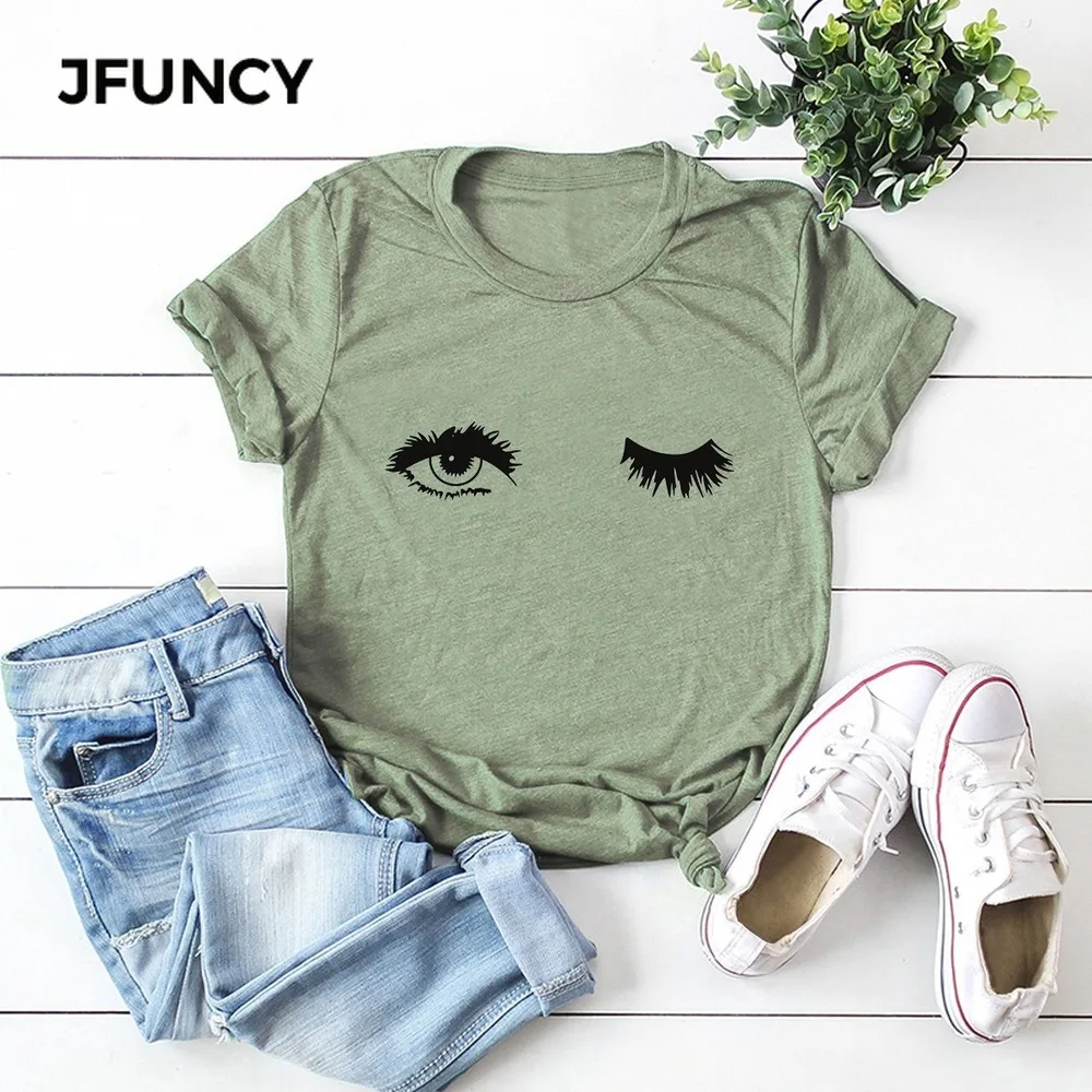 JFUNCY  S-5XL Hot Eyes Print Women T Shirt 100% Cotton O Neck Short Sleeve Summer T-Shirt Woman Tops Casual Tshirt