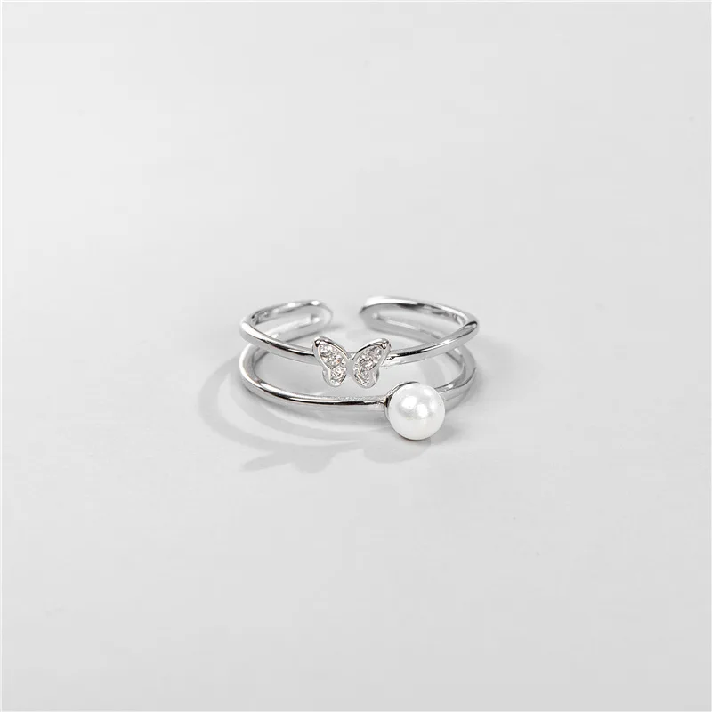 

Sodrov Silver 925 Jewelry For Women Sterling Silver Double-Layer Butterfly Pearl Ring Open Ring Adjustable Ring