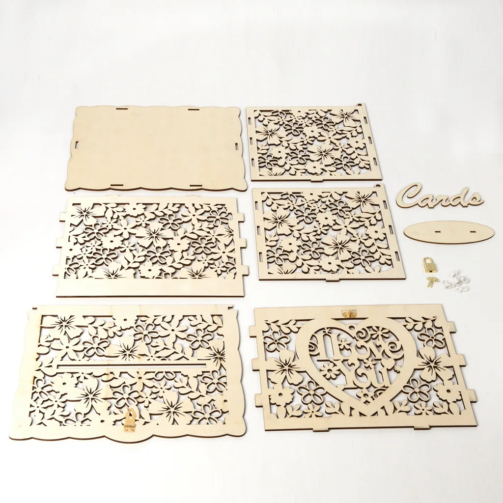 

DIY Wooden Hollowed Out Weeding Greeting Card Sign-in Box for Wedding Supplies Business Card Case
