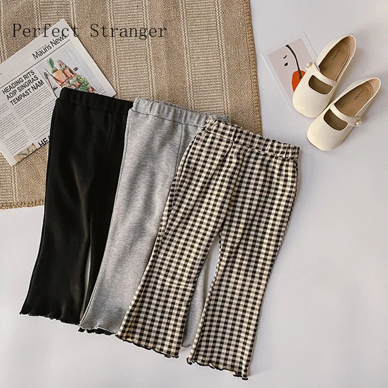

2021 New Arrival Spring Korean Style Baby Girl Knitted Elastics Flare Pants Plaid Kids Skinny Ankle-length Trousers High Quality