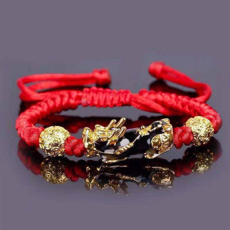 

Red Rope Gold Pixiu Bracelet for Women Men Wealth Health Rich Good Luck Tibetan Buddhist Knots Charm Bracelets Jewelry Wholesale