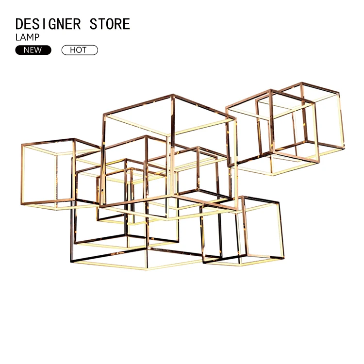 Goedkoop Licht Luxe Designer Lichtgevende Kubus Vorm Combinatie Hollow Modeling Lamp Grote Ruimte Lange Wandlamp Grote Kroonluchter
