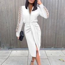 Robe de soirée en dentelle pour femmes, col en v, Sexy, élégante, mode, taille haute, mi longue, 2022  (4)