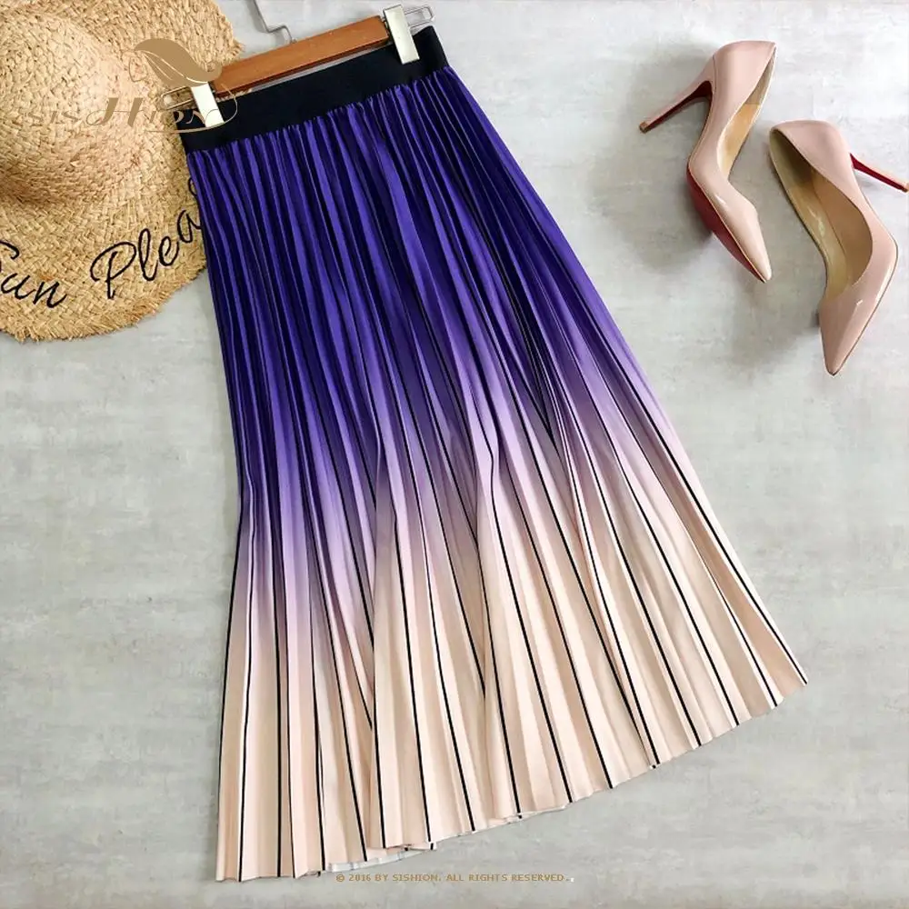 

2021 New Women Fashion Long Midi Skirt VD1953 Gradient Color Korean Casual Style Pleated Skirts Y2K