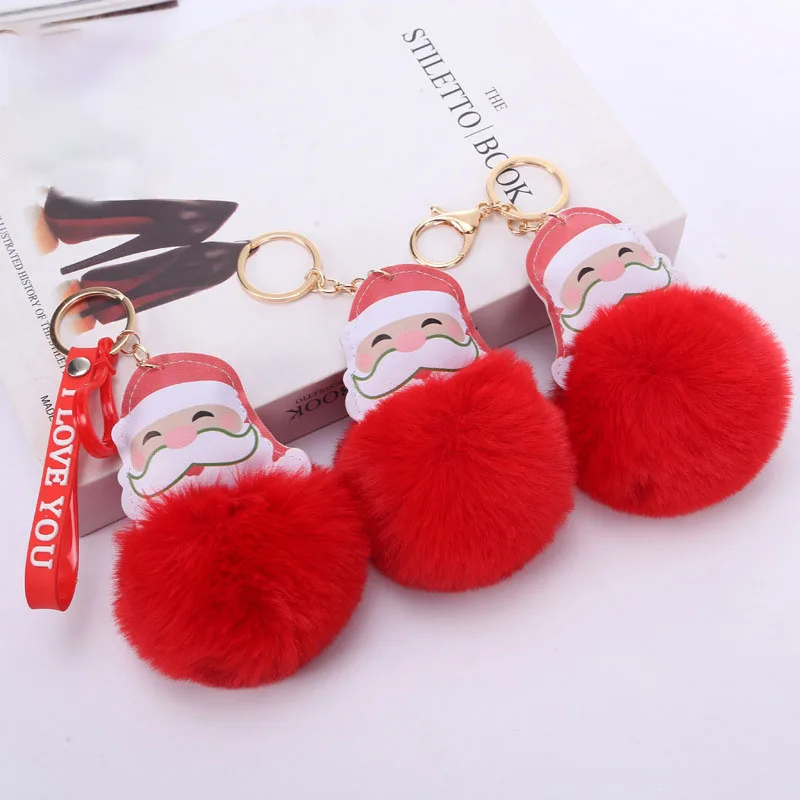 

2021 Winter Christmas Fur Ball Keychain Environmentally Friendly Leather Santa Claus Plush Bag Keychain Gift Wholesale Supplied