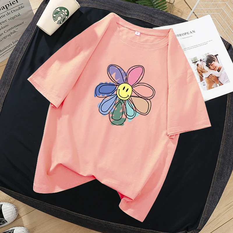 

Sun Flower Graphic Print T-shirt Women 2021 New Summer Fashion White Tshirt Tee Aesthetic Pink Top Female Oversized T Shirt