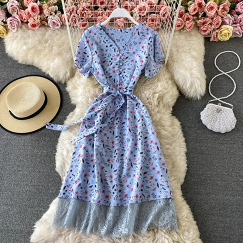 

2021 Elegant V Neck Floral Print Chiffon Dress Summer Short sleeve Bandage Slim Lace Stitching Women Mid-calf Dress