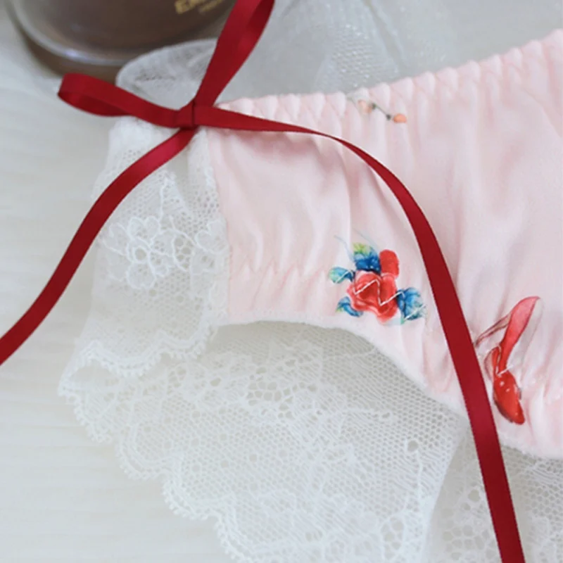 

Women Lingerie Panties Summer Lace Girl Panties Ribbon Waist Japanese Underwear Women's Printed Ribbon Ladies Briefs