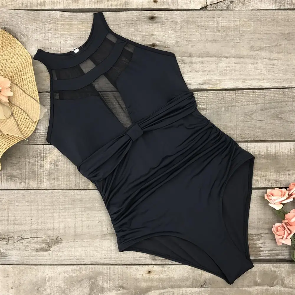 Черный цельный купальник женский сетчатый кружевной лоскутный купальный костюм