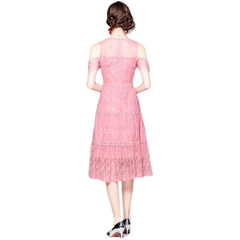 

Gezelligheid Dresses For Women 2021 Summer New Elegant Ruffled O-Neck Female Fashion Off Shoulder Temperament Lace Midi Dress
