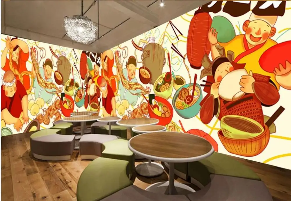3D фотообои на заказ. Ручная роспись красочного японского ресторана рамен и закусочной. Декоративные настенные фрески для стен 3D.