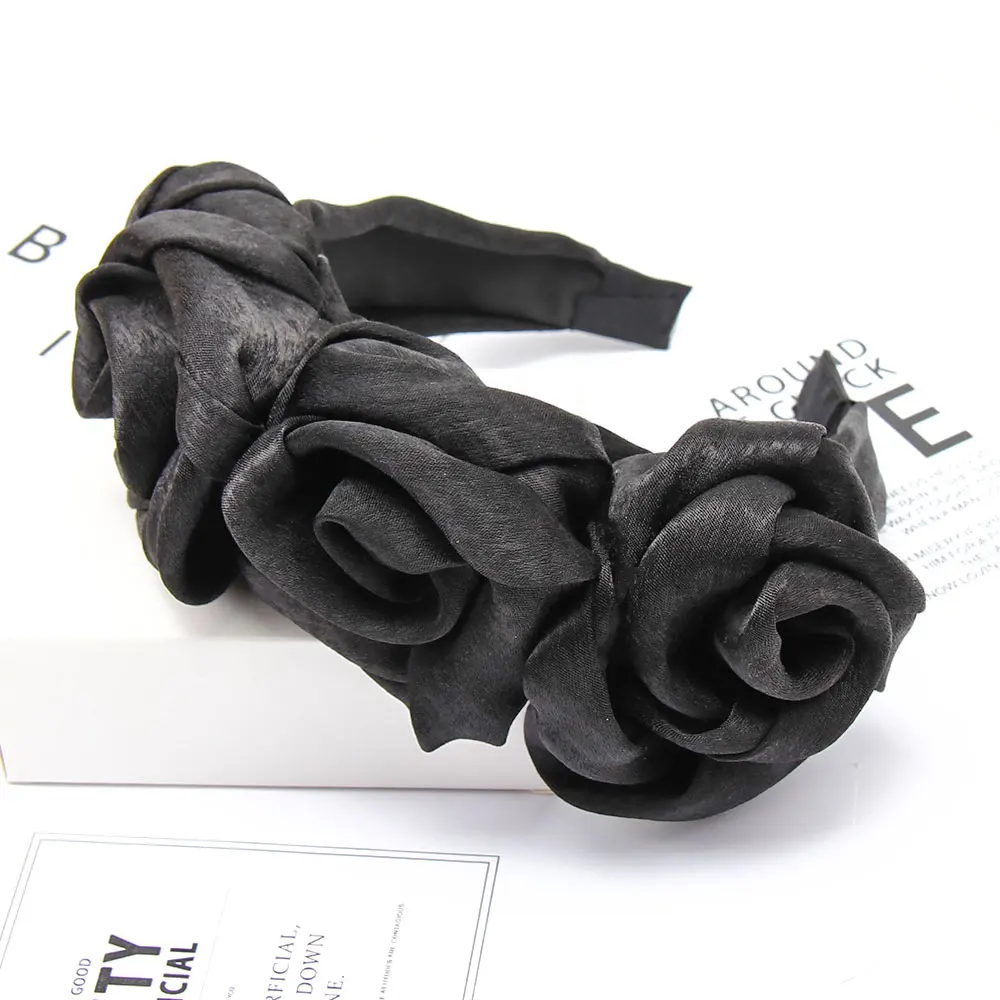 Black (chiffon) Однотонный Шифоновый Цветок Розы ободки для женщин девушек элегантные повязки для волос невесты женские аксессуары для волос вечерние праздничные волосы обруч - Цвет: Black (chiffon)