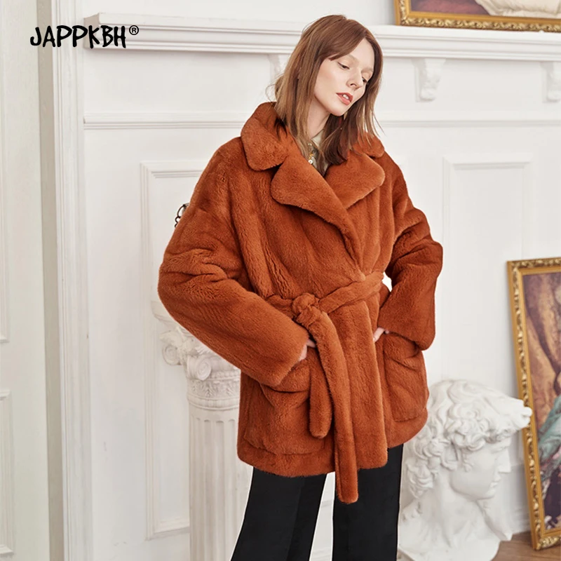 

Faux Rabbit Fur Coat Women 2021 Autumn Winter Thick Warm Long Jackets Female Vintage Casual Cotton Lining Loose Coat With Belt