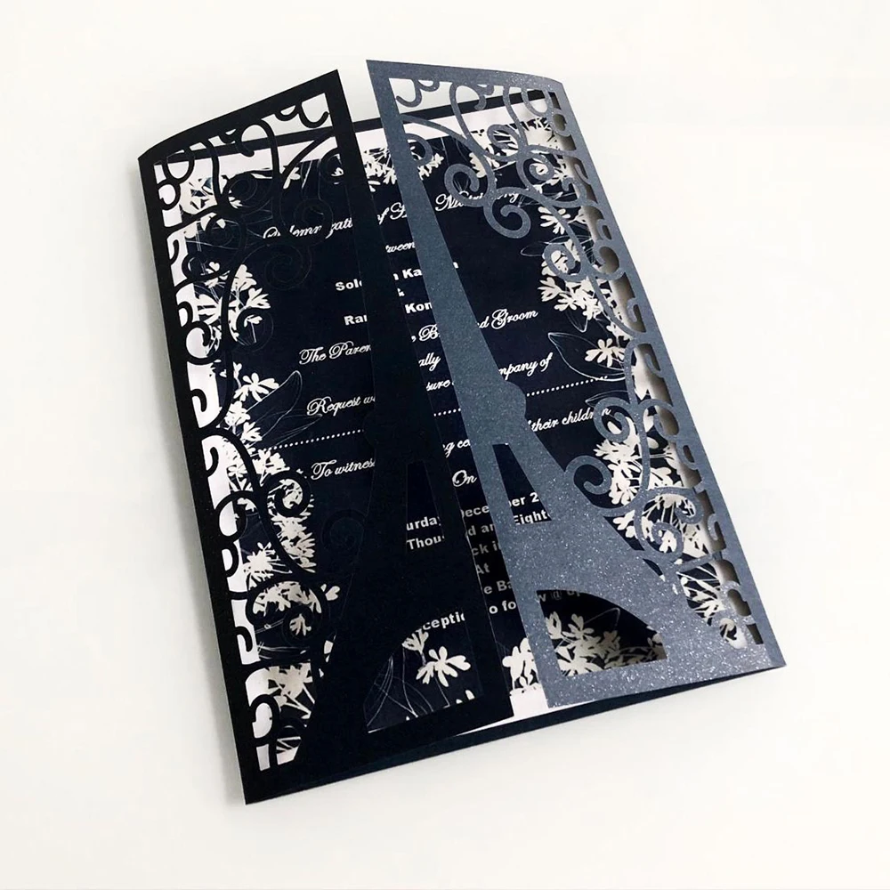 10pcs/set Glitter Embossing Invitation Cards 15*15CM for wedding business party Paris tower greeting card customized supplies