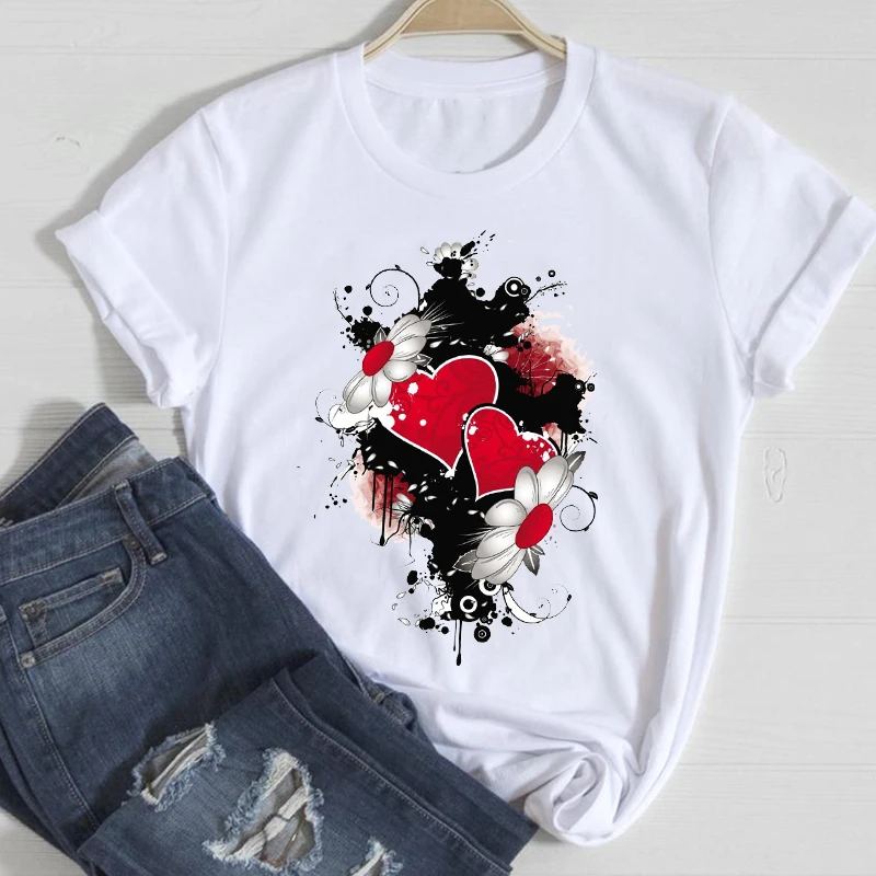 

T-shirts Women Leopard Love Heart Valentine Clothing 2021 Spring Summer Clothes Graphic Tshirt Top Lady Print Female Tee T-Shirt