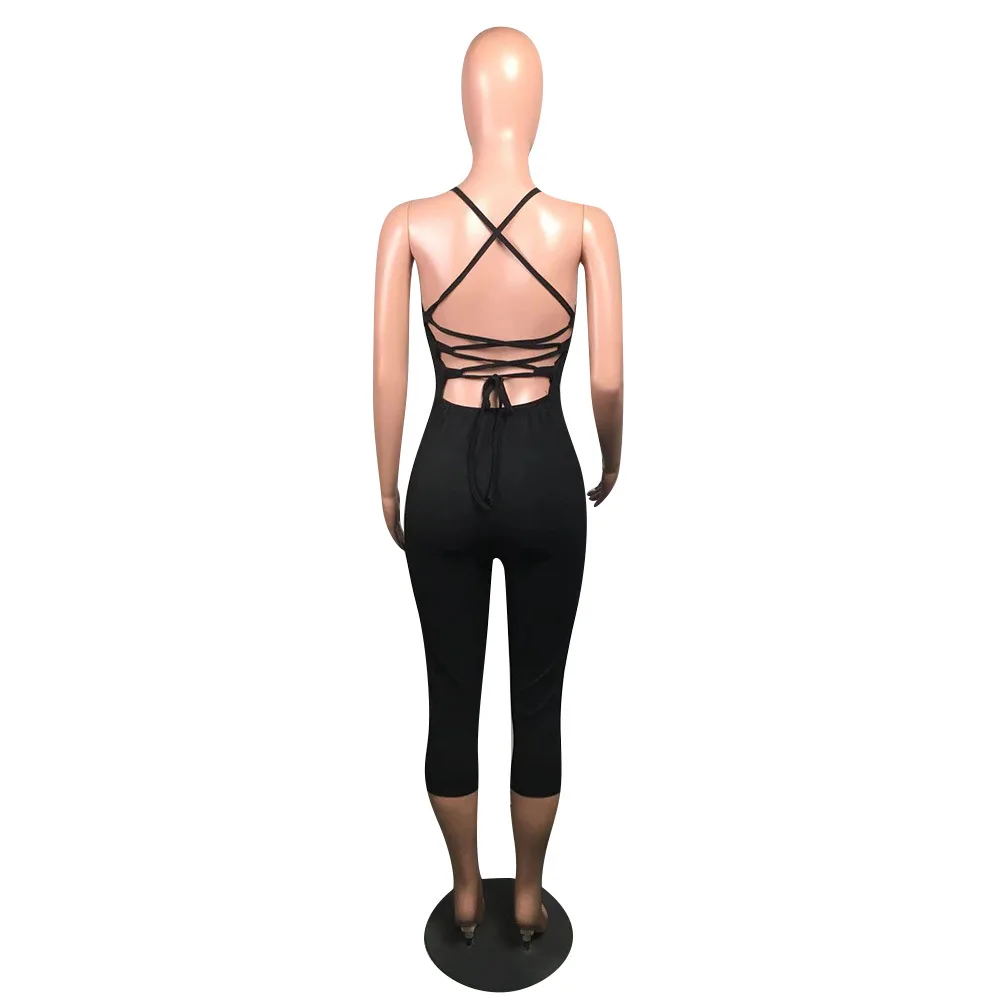 

Black/pink Spaghetti Strap Sexy Slim Romper for Women Wrap Chest Cross Lace Up Backless Jumpsuit Summer Ribbed Stretchy Outfits