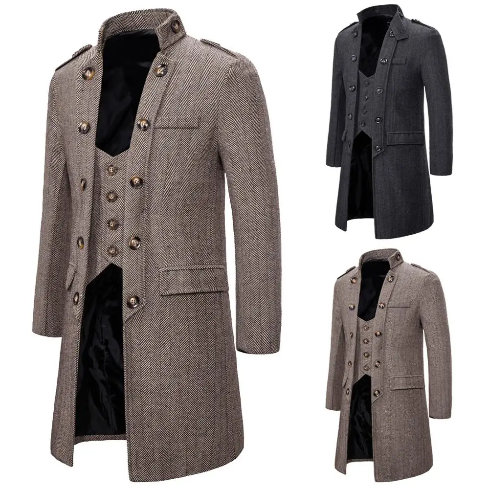 

2019 good quality winter men fake two piece wool coat casual long jacket man vintage korean fashion coats abrigo hombre
