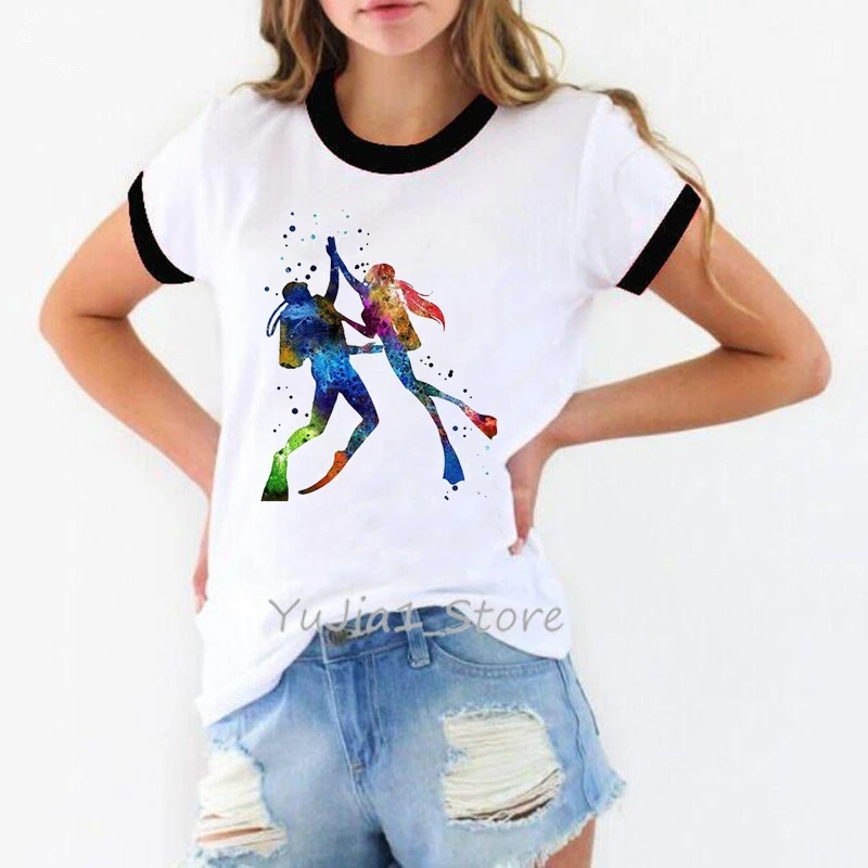 Женская летняя одежда 2021 футболка с акварельным принтом для подводного плавания