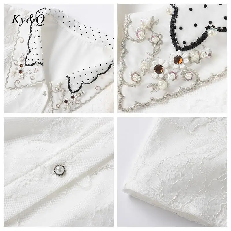 

[A Small Amount of Stock] Brand Chic Lace Doll Collar Puff Sleeve Shirt French Elegant Beading Short Sleeve Blouse Women Tops