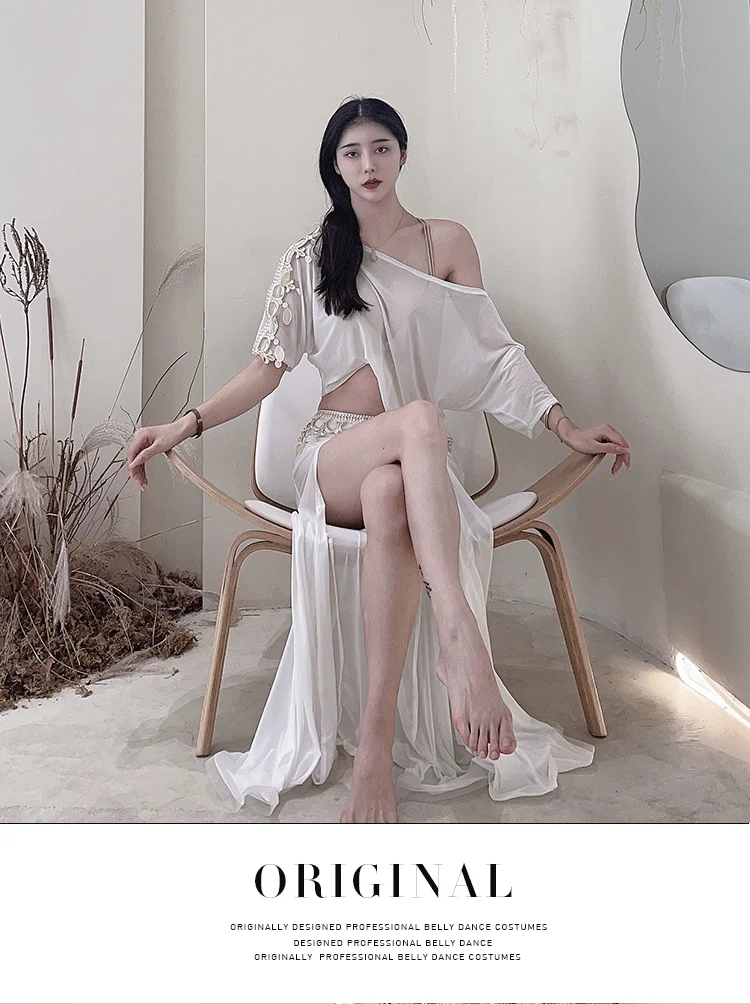 Женский костюм для танца живота белый выступлений из сетчатой ткани с топом и