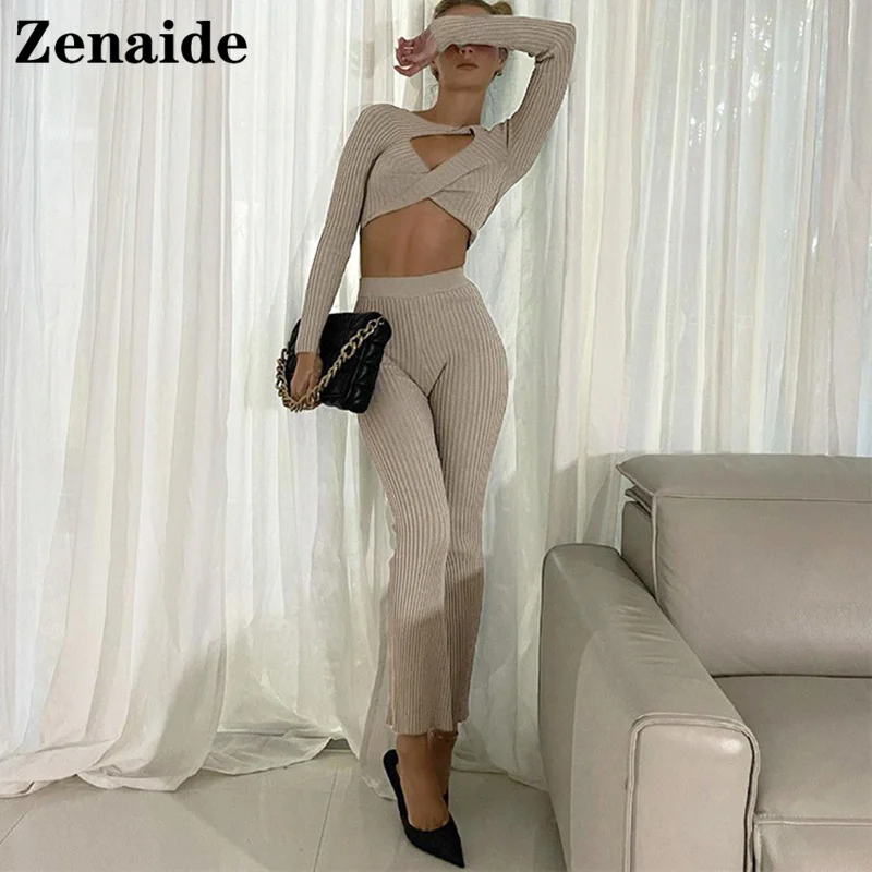 

Женский трикотажный комплект Zenaide, повседневный комплект из двух предметов, укороченный Топ с длинным рукавом и брюки с высокой талией, Осен...