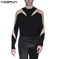 men mesh patchwork t shirt 2022 round neck long sleeve sexy see through tee tops streetwear personality party camisetas incerun