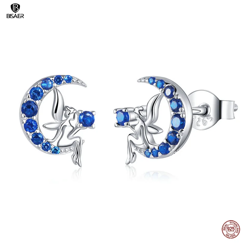 Женские свадебные серьги гвоздики с голубым цирконием BISAER из стерлингового