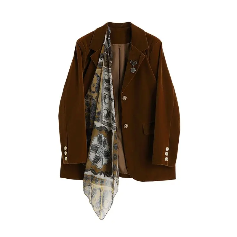 

2022 Blazer Coat Women's pattern Spring Velvet Retro Shoulder Pad With Scarf Badge Loose Casual Suit Buttons Women Long Sleeves
