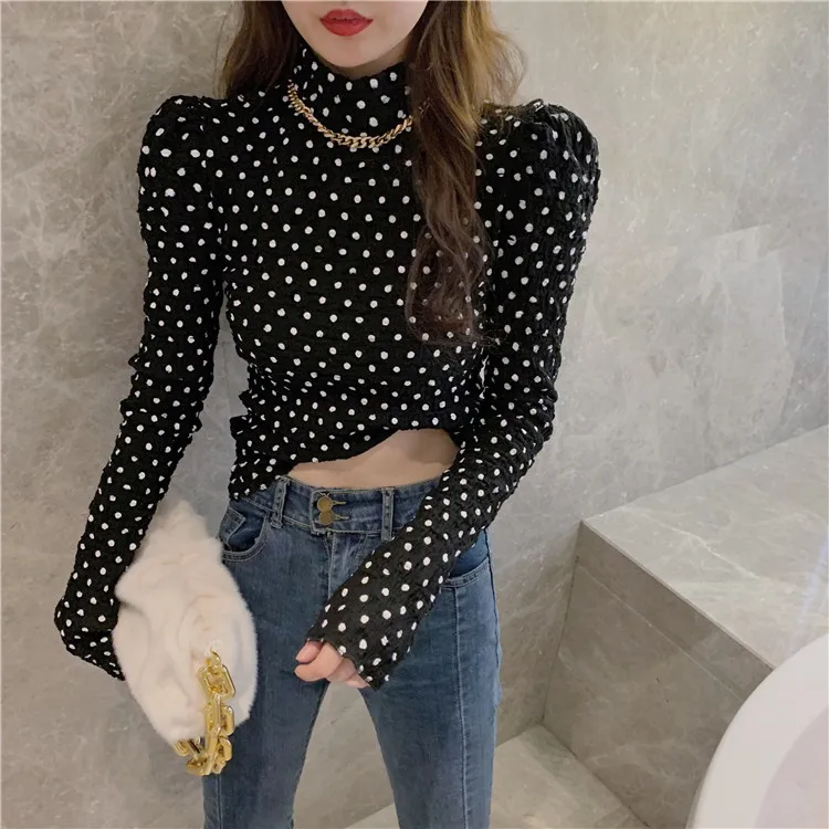 

New Hanbo point high neck long sleeve simple T-Shirt Top Women's fashion bottom coat
