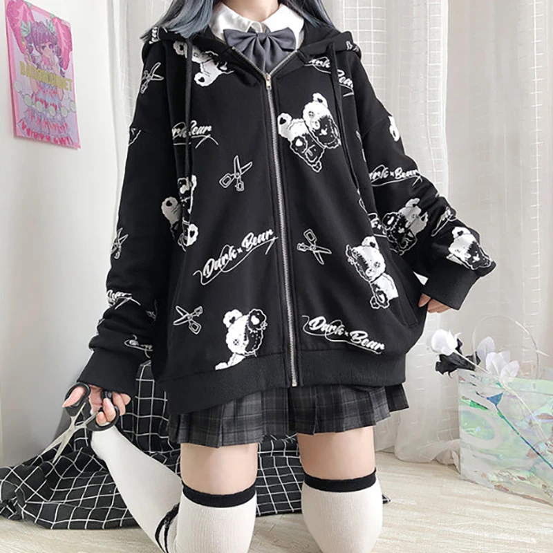 

Women Vintage Windbreaker Hoodie Pocket Sweatshirt Clothes Women Zip Up Cute Bear Hoodies Autumn Coat Loose Harajuku Top