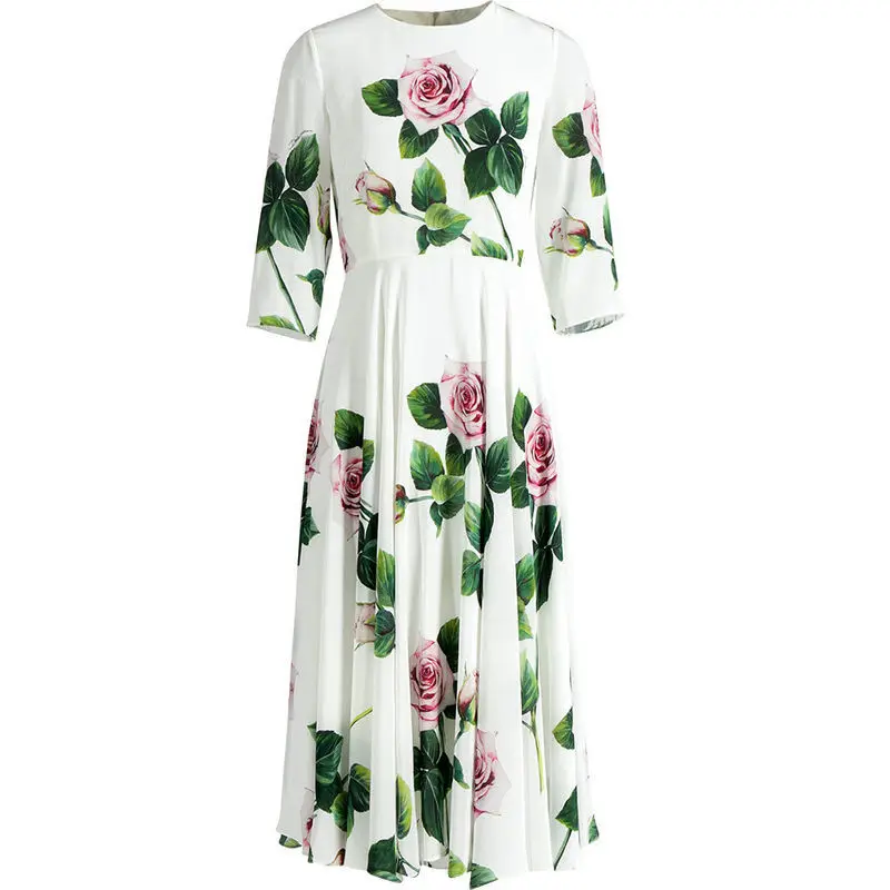 

New Fashion Stylish Rose Print Silk Dress Women 2021 Summer New Exquisite Slim Slim Figure Big Swing Skirt S-3XL Dresses