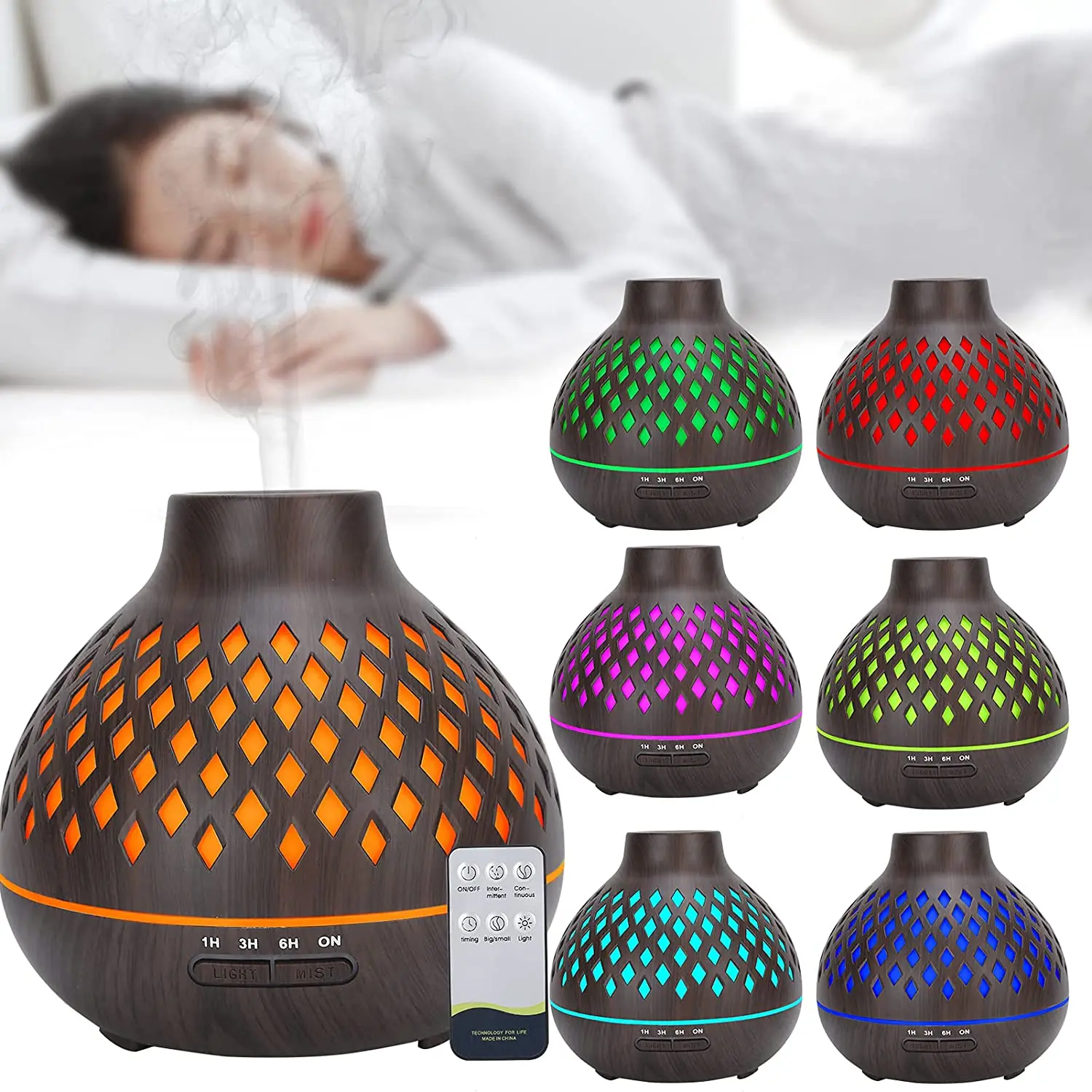 

Desktop Fragrance Oil Ultrasonic Air Humidifier Diffusers 400ml Wood Grain with Colorful LED Light for Home Office