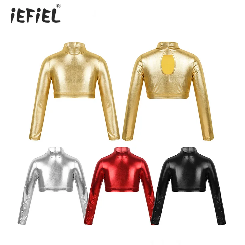 Glossy Shiny Metallic Crop Top Kids Girls Rave Outfits Long Sleeves T-Shirts Mock Neck Short Crop Tops Workout Stage Performance