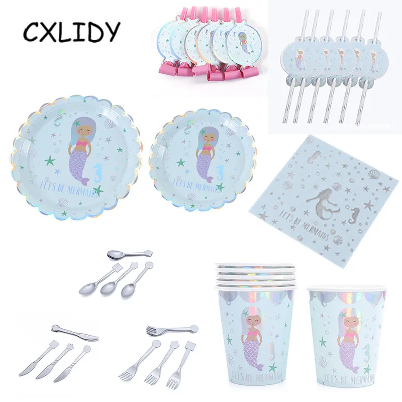 Набор посуды для дня рождения девочек серебристая скатерть в стиле русалка