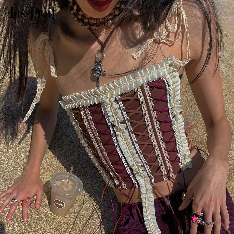 

Женский корсет под грудь InsDoit, винтажный корсет в стиле Харадзюку, с вырезами и поясом