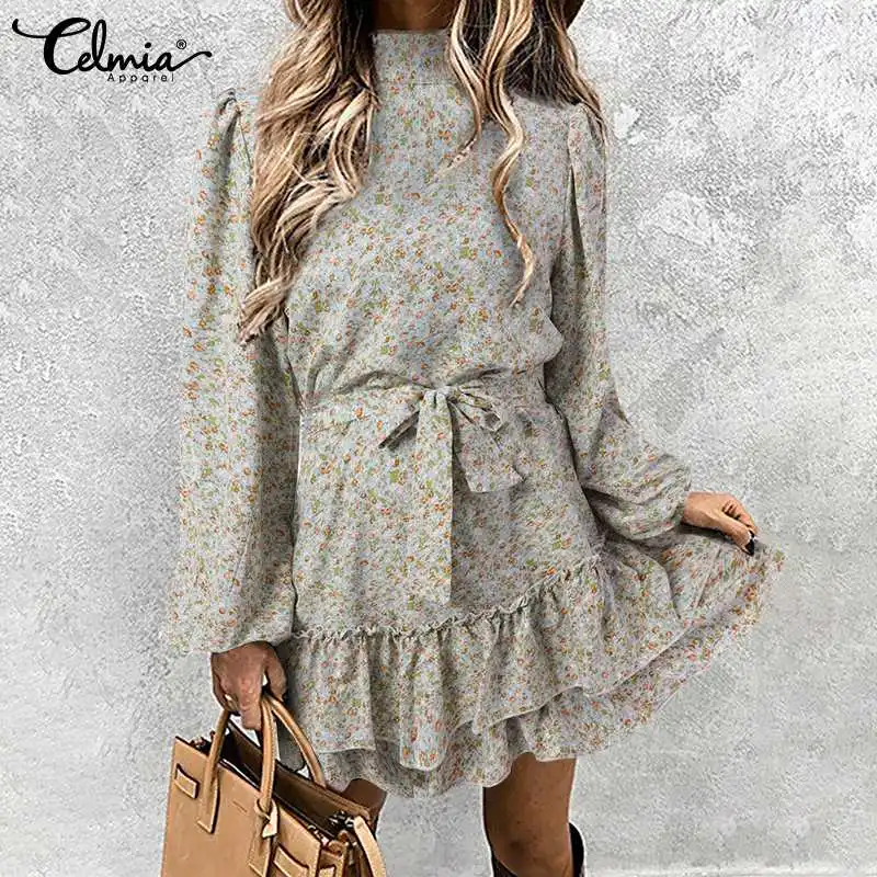 

Новинка 2022, модные платья Celmia, Бандажное платье с поясом, цветочным принтом, длинными рукавами-фонариками и высоким воротником, элегантные ж...