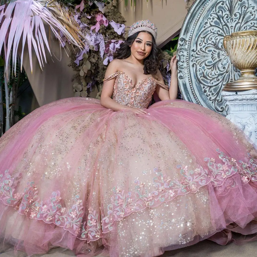 

Gorgeous 2021 Beaded Ball Gown Quinceanera Dresses Sequined Off The Shoulder Appliqued Prom Gowns Sweep Train Tulle Sweet 15 Mas