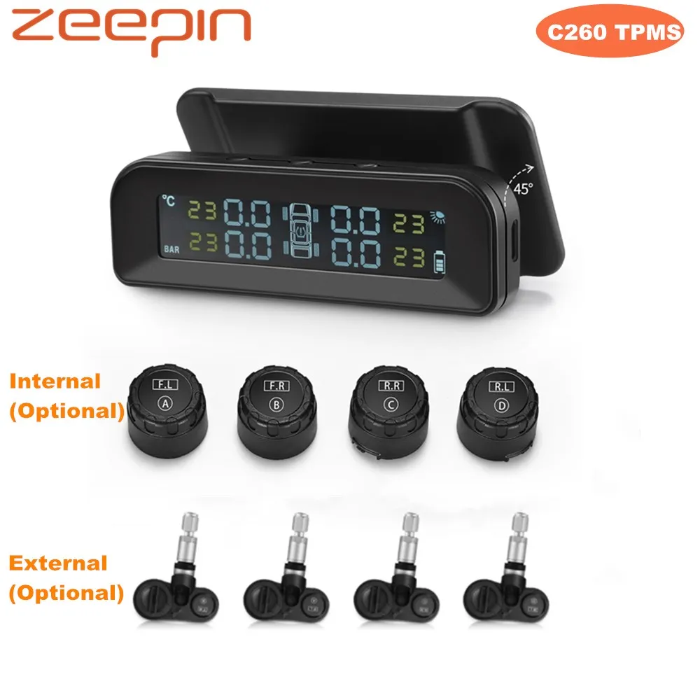 ZEEPIN C260 TPMS солнечная энергия жк-дисплей Система контроля давления в шинах с 4 внешними/внутренними датчиками давления в шинах