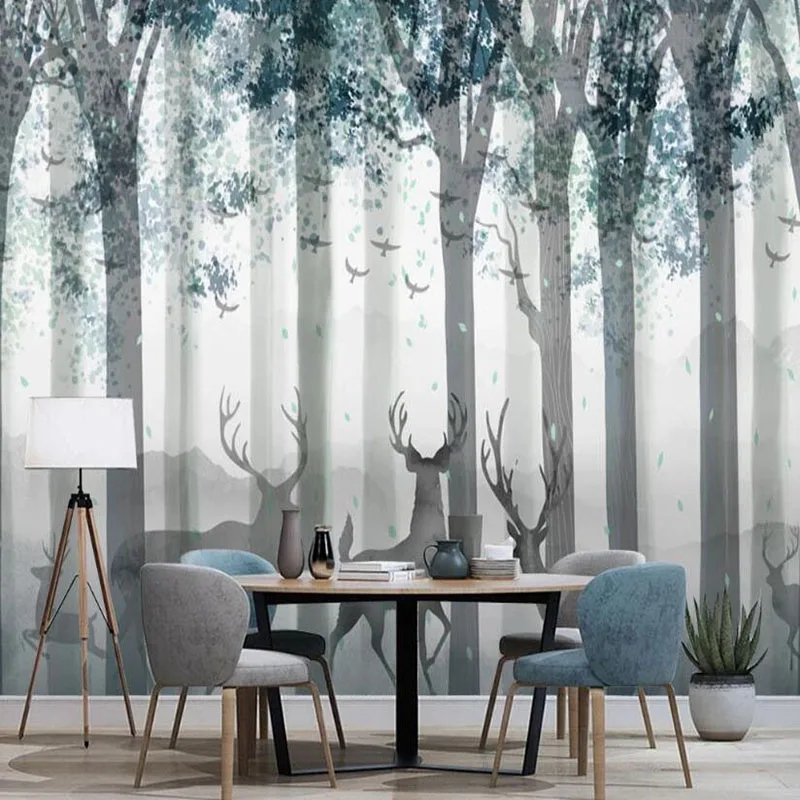 

Custom Mural Wallpaper Modern Hand Painted 3D Forest Elk Nordic Sofa TV Background Wall Painting Papel De Parede 3D Wall Papers