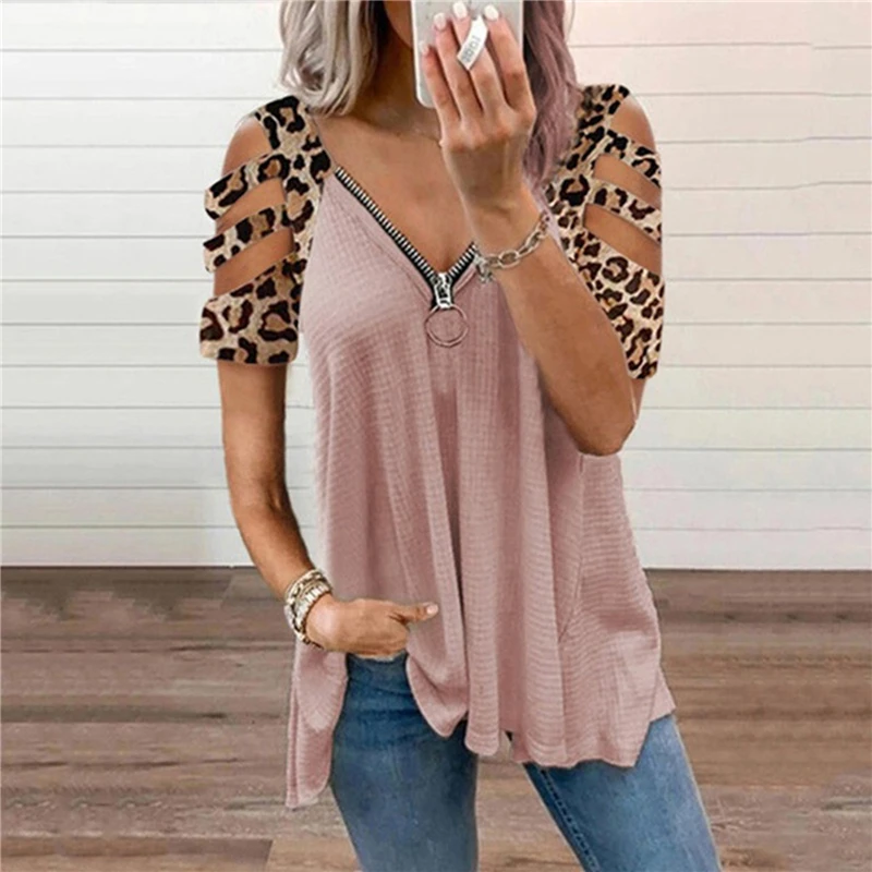 

2022 Women's Short Sleeve T-shirt Sexy low-cut leopard-print off-the-shoulder New Style short-sleeved T-shirts Shoulder Top