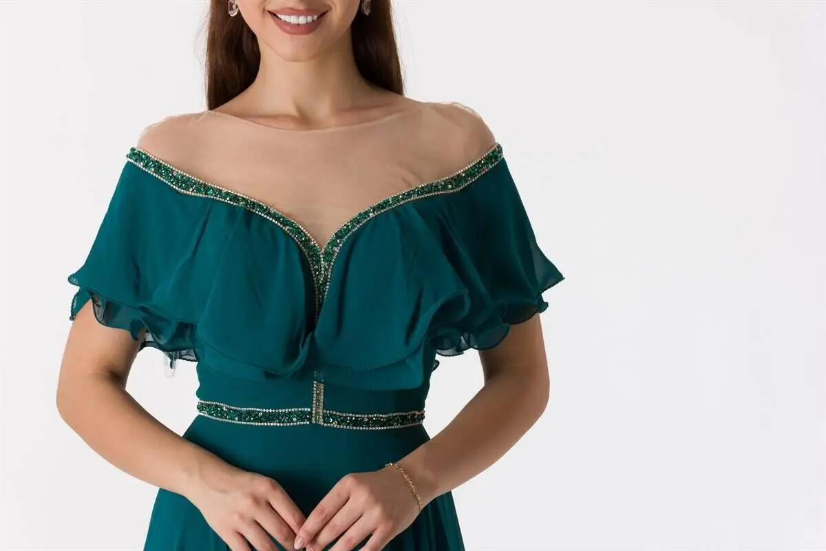 

Kollar Frfr Detayl Petrol Uzun Nian Elbisesi