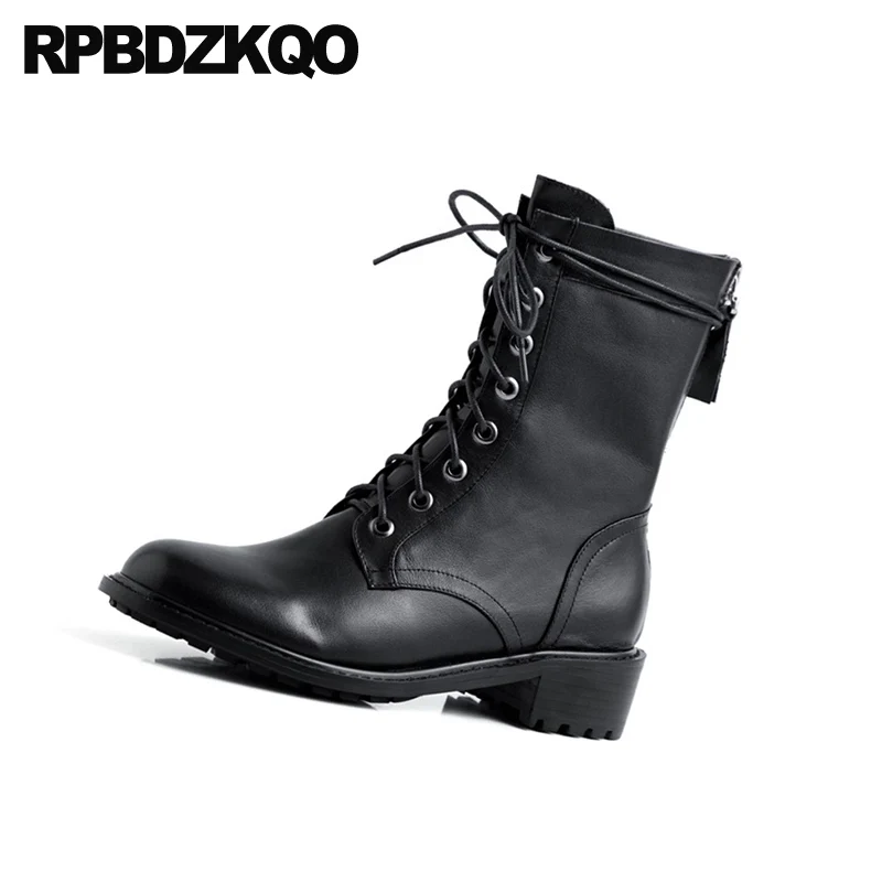 Женские ботильоны на шнуровке спереди черные дизайнерские ботинки с толстым