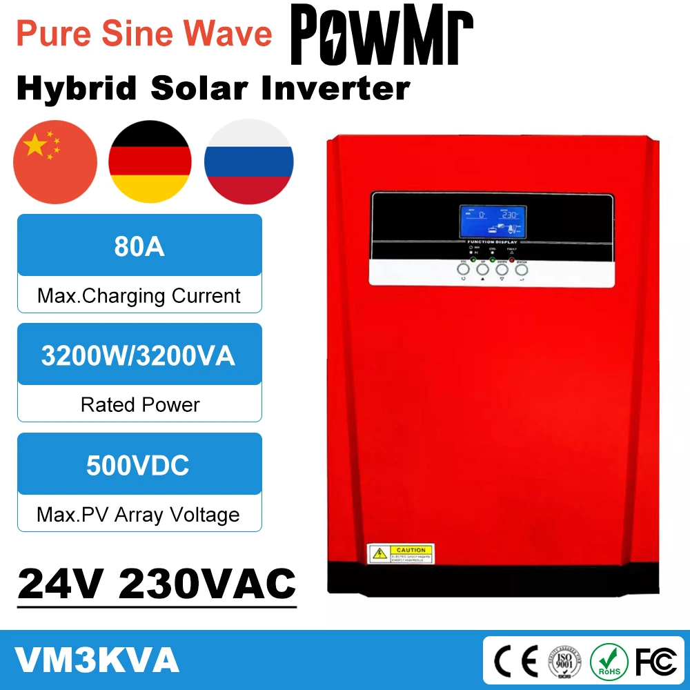 

PowMr MPPT Solar Hybrid Inverter 3200W Pure Sine Wave 80A Charge Controller 24VDC To 230VAC All in One Max 4000W PV Input 500V