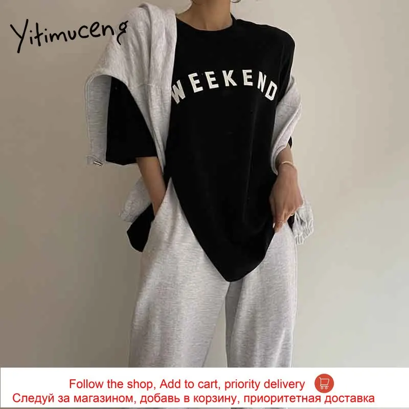 

Yitimuceng Letter Print T Shirts Woman Split fork Oversize Tees Unicolor Grey Black Tops 2021 Summer Fashion Casual Tshirts