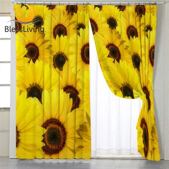 BlessLiving Flowers Kitchen Curtains Sunflower Blossoms Bedroom Curtain Nature 3D Printed Curtains Blackout 1-Piece cortinas 1