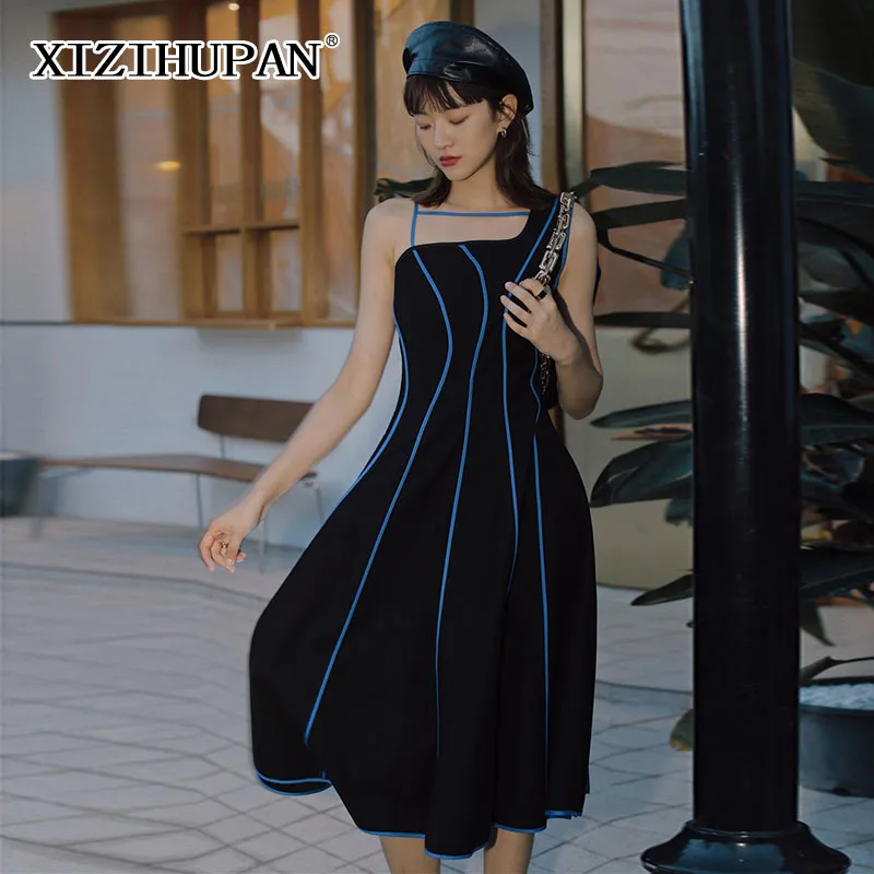 

XIZIHUPAN Blue Striped Dress For Women High Waist Square Collar Hit Color Midi Dresses Elegant Female Summer Fashion New 2021