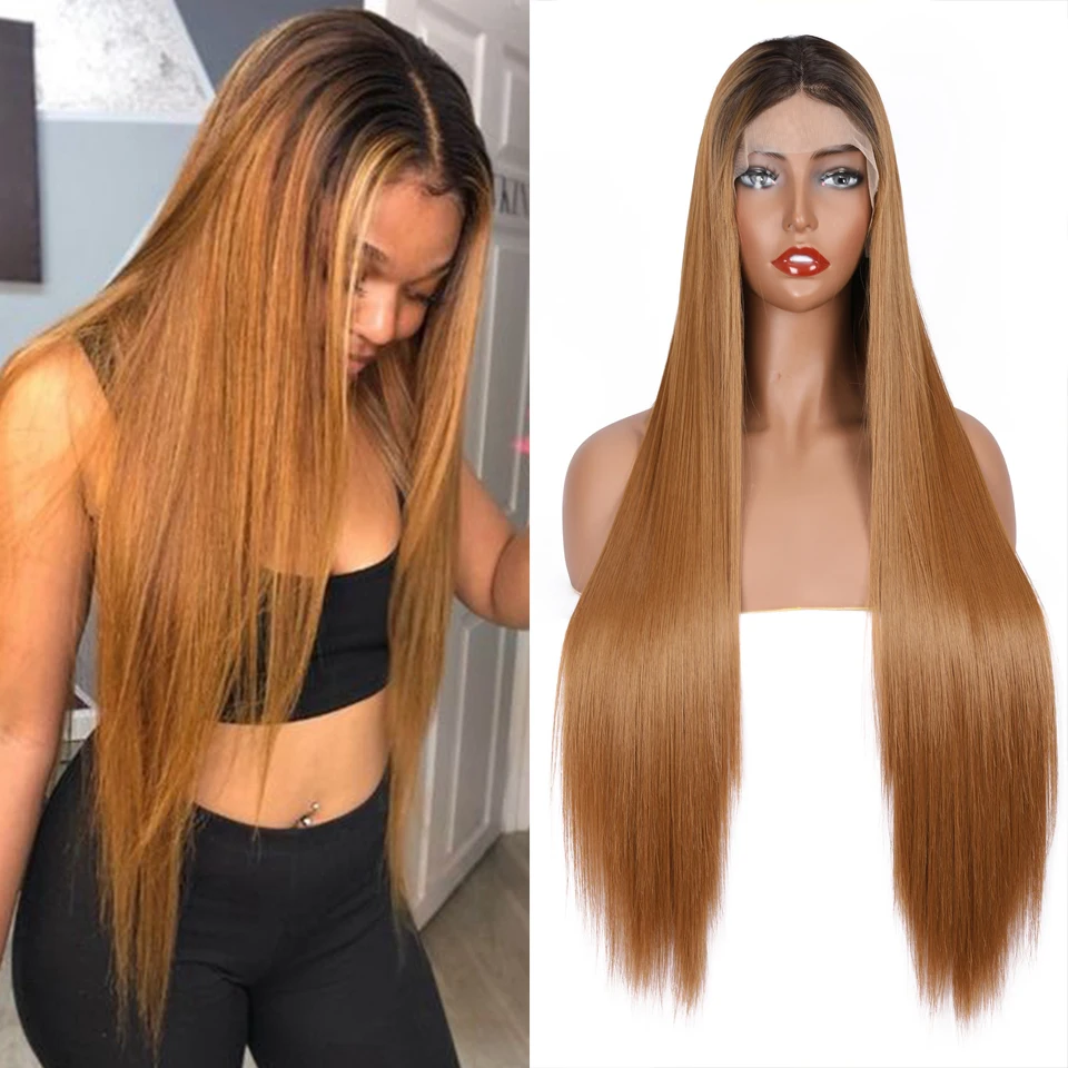 

1B27 180% Density 26Inch Long Ombre Honey Blonde Long Silky Straight Synthetic Lace Front Wigs For Black Women High temperature