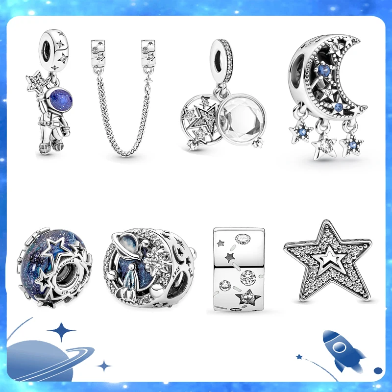 

2021 Autumn New Blue Star Astronaut Charms Pandora 925 Sterling Silver Make Missangas Bracelets for Sapphire Women Christmas