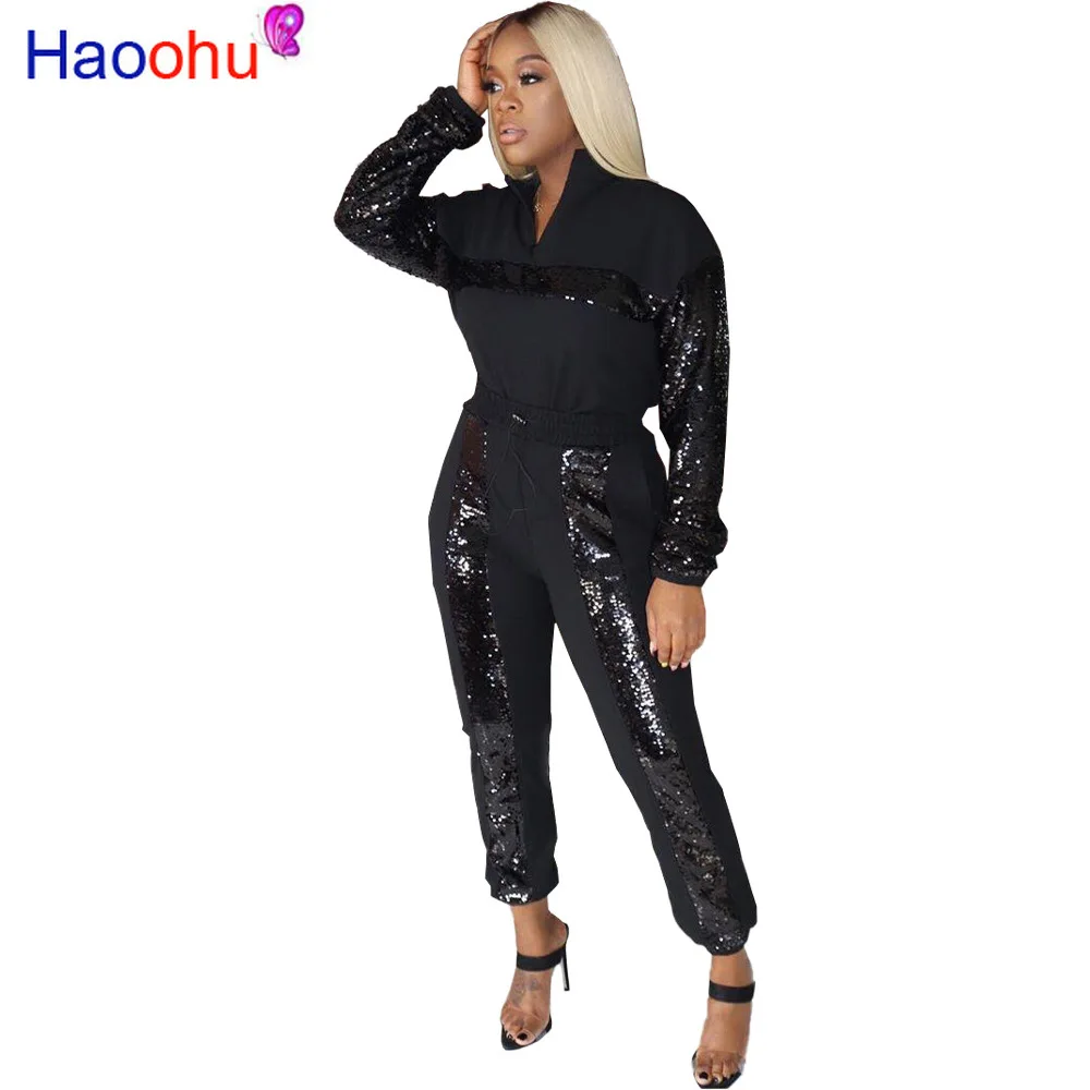 Женский спортивный костюм лоскутный из двух предметов с блестками укороченный