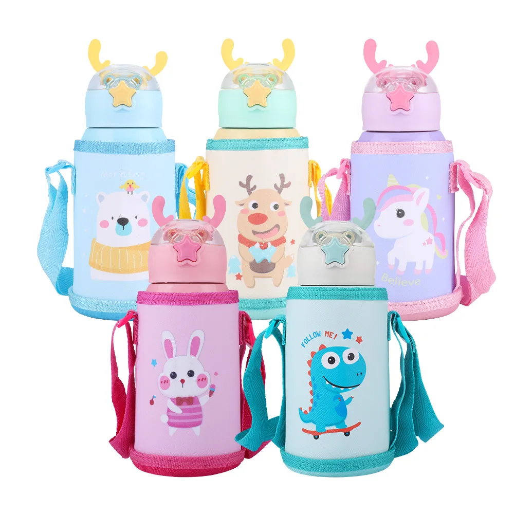 

500ml Cute Vacuum Flasks Thermos Water Bottle Temperature Display Children's 316 Stainless Steel Straw Cup With Straps Rope Bag